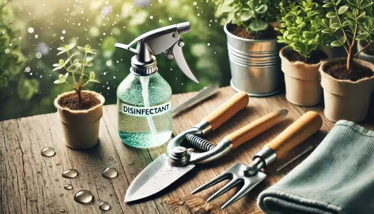 disenfection solution in spray bottle on table with garden tools ready to sterilize them